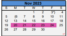 District School Academic Calendar for Houston Student Ach Ctr for November 2023