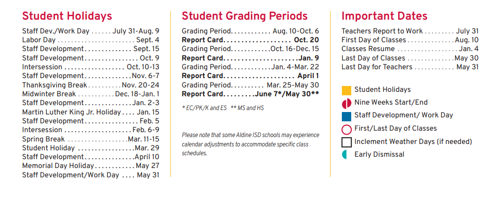 District School Academic Calendar Key for Calvert Elementary