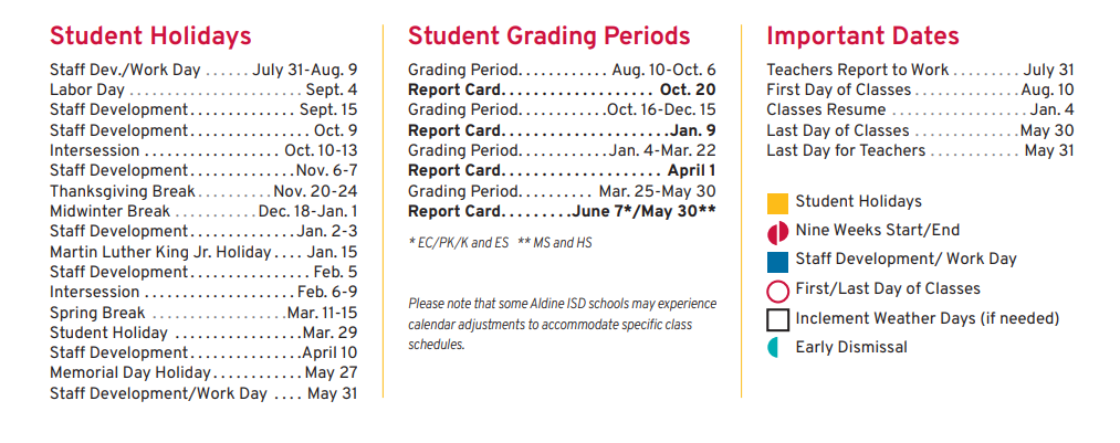 District School Academic Calendar Key for Houston Academy