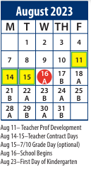 District School Academic Calendar for Central School for August 2023