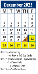 District School Academic Calendar for Central School for December 2023