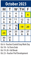 District School Academic Calendar for Central School for October 2023