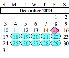District School Academic Calendar for Brazoria Co J J A E P for December 2023