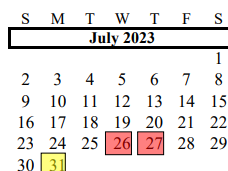 District School Academic Calendar for G W Harby Junior High for July 2023