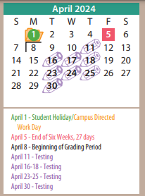 District School Academic Calendar for Johnny N Allen-6th Grade Campus for April 2024