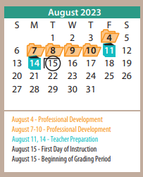 District School Academic Calendar for Bivins Elementary for August 2023