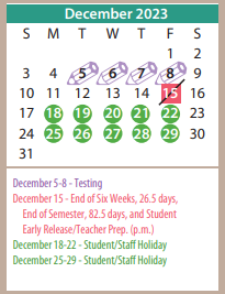 District School Academic Calendar for Caprock High School for December 2023