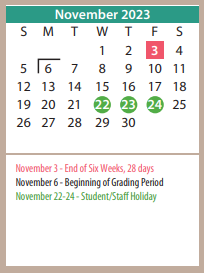 District School Academic Calendar for Sunrise Elementary for November 2023
