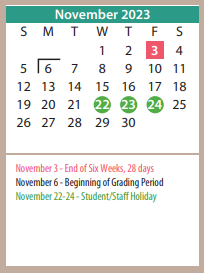 District School Academic Calendar for Pleasant Valley Elementary for November 2023