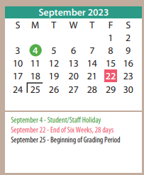 District School Academic Calendar for Palo Duro High School for September 2023