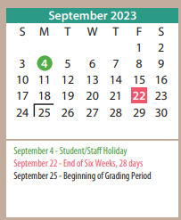 District School Academic Calendar for Sleepy Hollow Elementary for September 2023