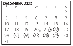 District School Academic Calendar for Johns Elementary School for December 2023