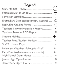 District School Academic Calendar Legend for Gunn Junior High