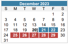 District School Academic Calendar for Walnut Creek Elementary for December 2023