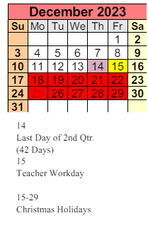 District School Academic Calendar for Rosinton School for December 2023