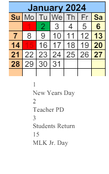 District School Academic Calendar for Elsanor School for January 2024