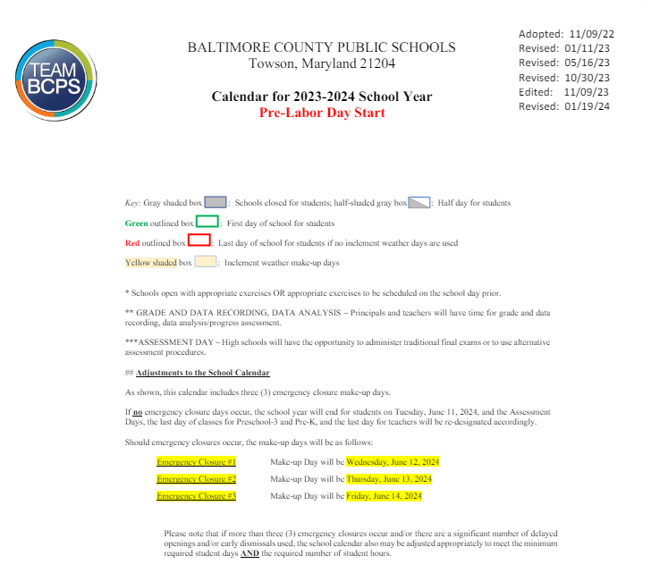 District School Academic Calendar Key for Baltimore Highlands Elementary