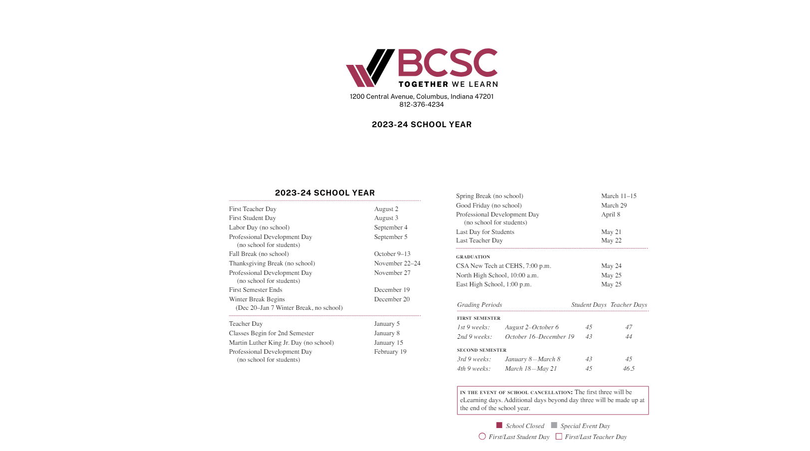District School Academic Calendar Key for Parkside Elementary School