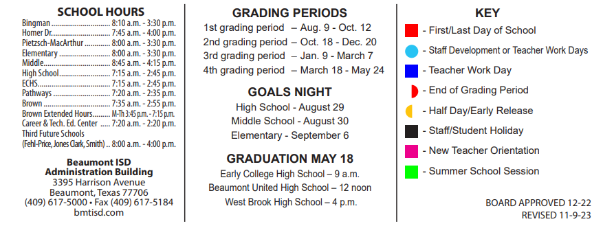 District School Academic Calendar Key for Fehl-Price Classical Academy