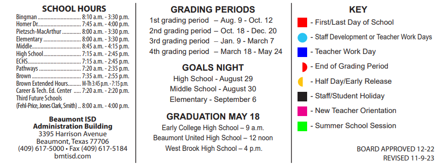 District School Academic Calendar Key for West Brook Sr High School