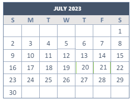 District School Academic Calendar for Transition Program for July 2023