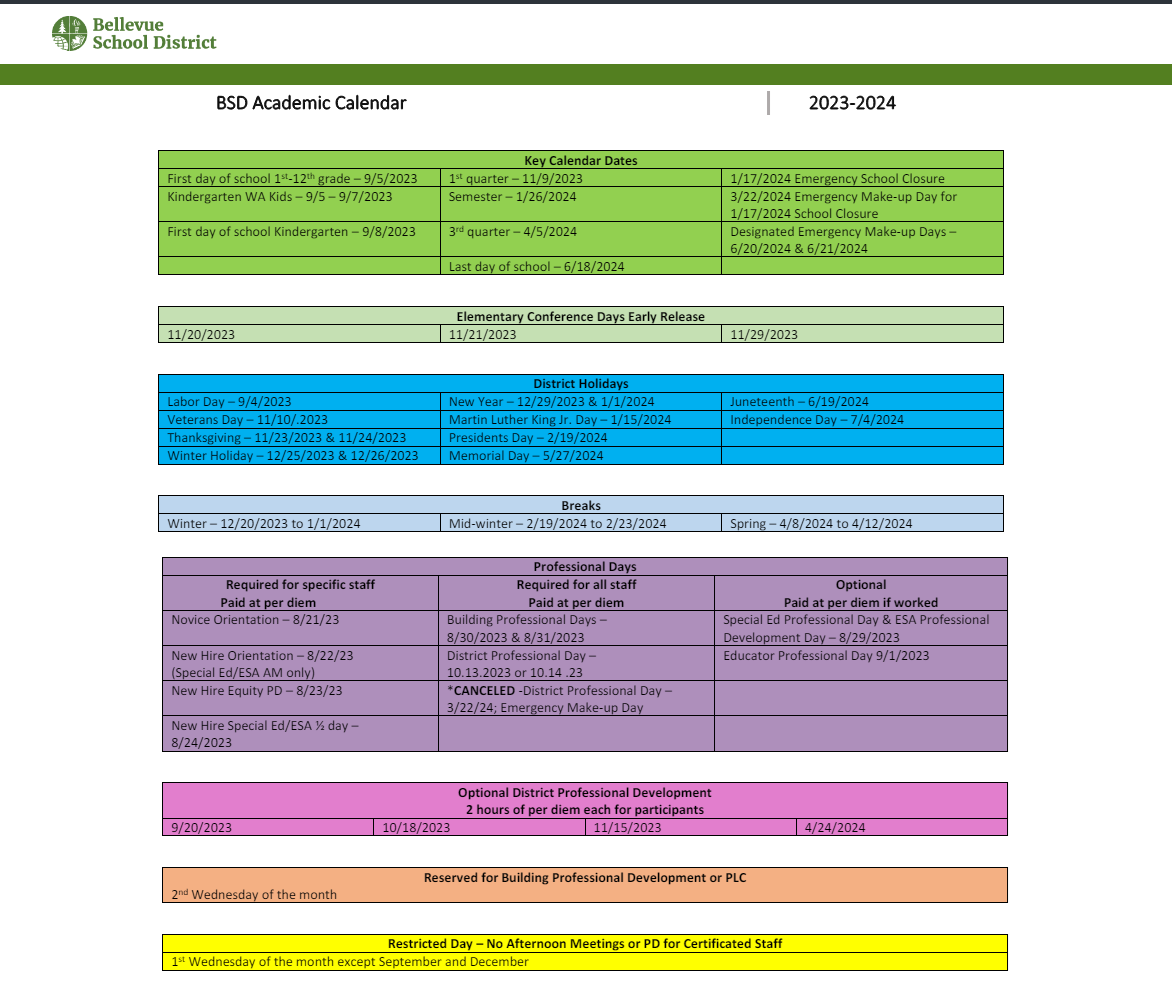 District School Academic Calendar Key for Transition Program