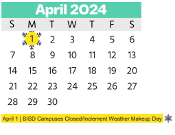 District School Academic Calendar for Tarrant Co J J A E P for April 2024