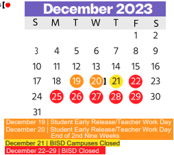 District School Academic Calendar for Homebound for December 2023