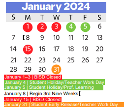 District School Academic Calendar for North Ridge Middle for January 2024