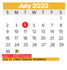 District School Academic Calendar for W T Francisco Elementary for July 2023