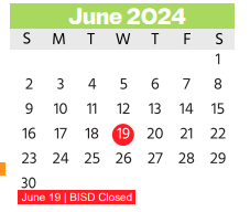 District School Academic Calendar for South Birdville Elementary for June 2024