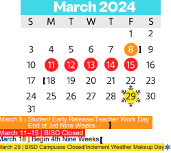 District School Academic Calendar for Tarrant Co J J A E P for March 2024