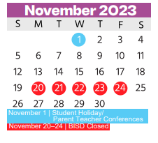 District School Academic Calendar for Jack C Binion Elementary for November 2023