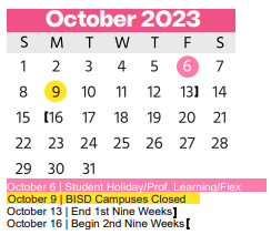 District School Academic Calendar for Tarrant Co J J A E P for October 2023