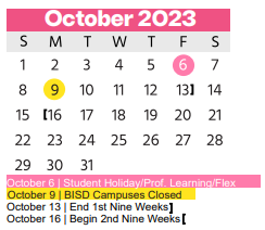 District School Academic Calendar for Homebound for October 2023