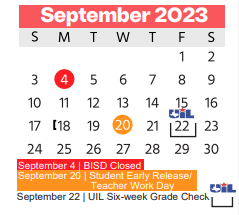 District School Academic Calendar for Tarrant Co J J A E P for September 2023