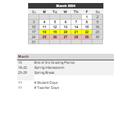 District School Academic Calendar for Opportunity Center At Riggins for March 2024