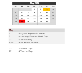 District School Academic Calendar for Sun Valley Elementary School for May 2024