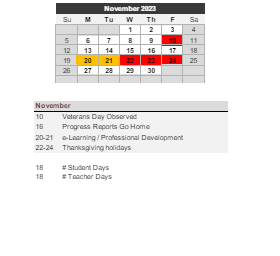 District School Academic Calendar for Gibson Elementary School for November 2023