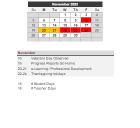 District School Academic Calendar for Wenonah Elementary School for November 2023