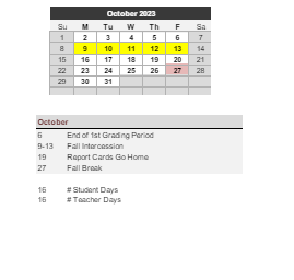 District School Academic Calendar for Tuggle Elementary School for October 2023