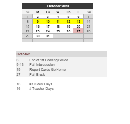 District School Academic Calendar for Homebound Elementary School for October 2023