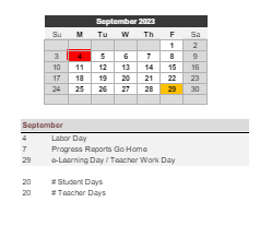 District School Academic Calendar for Minor Elementary School for September 2023