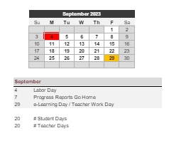 District School Academic Calendar for Epic School for September 2023