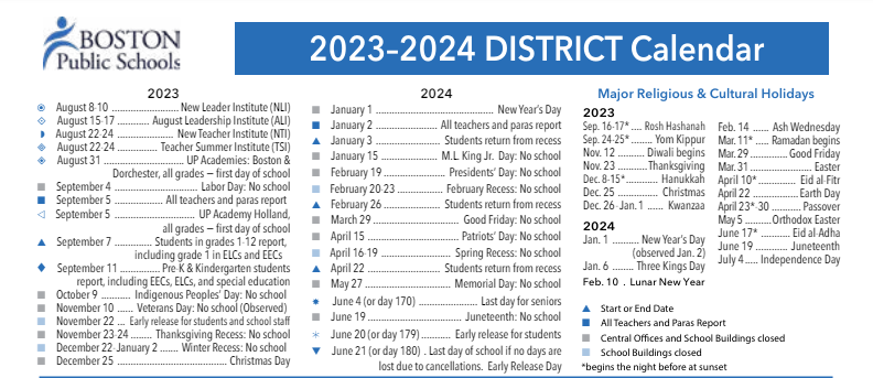District School Academic Calendar Key for Harbor School