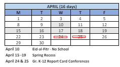 District School Academic Calendar for Bridgeport Elementary for April 2024