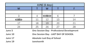 District School Academic Calendar for Bridgeport Elementary for June 2024