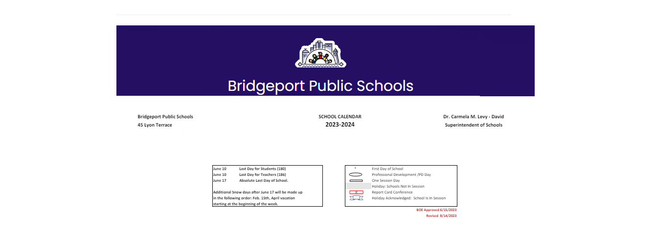 District School Academic Calendar Key for Bridgeport Elementary