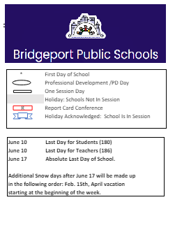 District School Academic Calendar Legend for Bridgeport Elementary