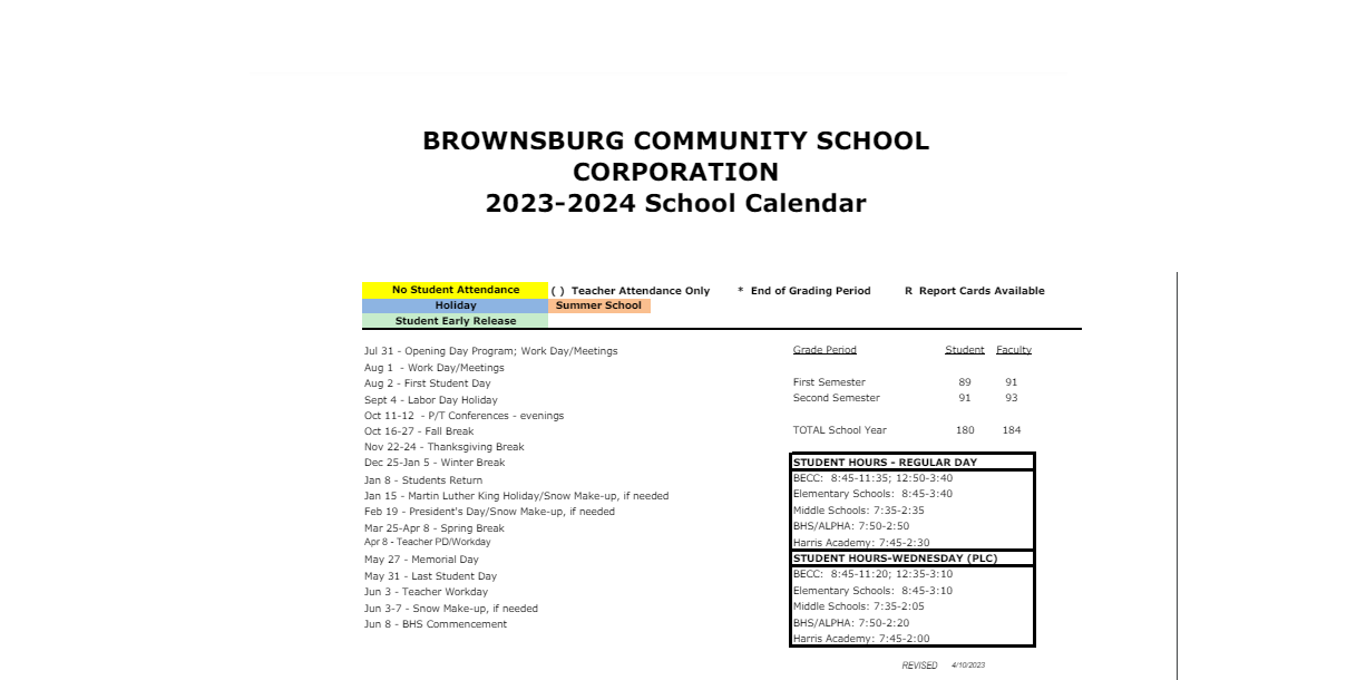 District School Academic Calendar Key for Brownsburg High School